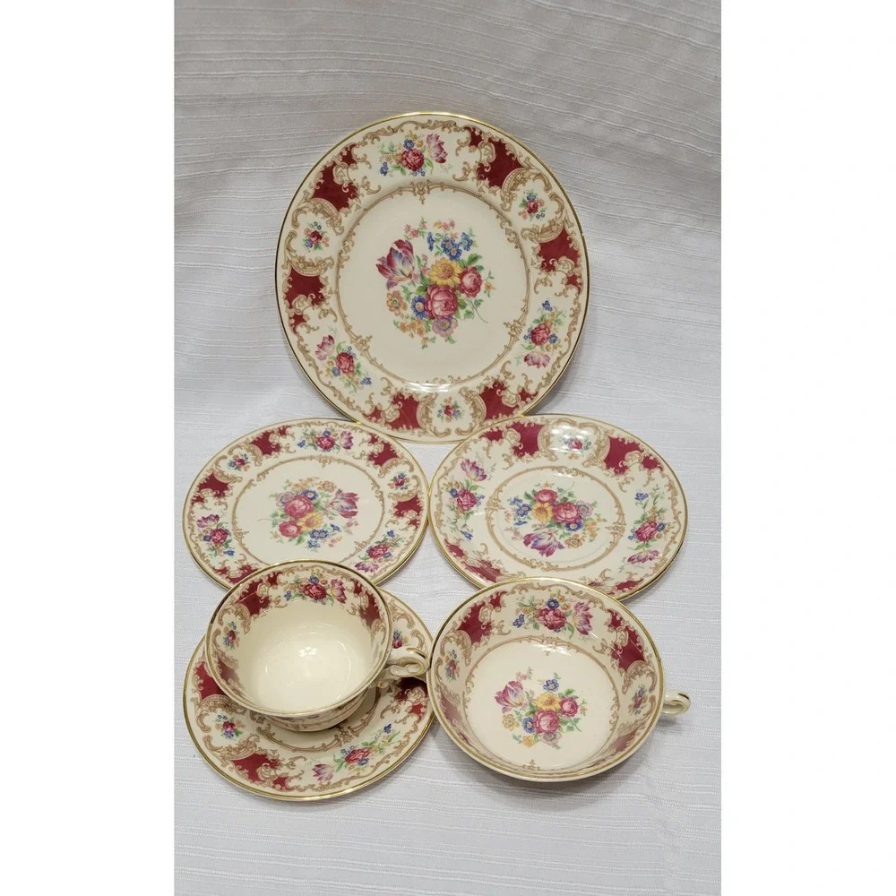 Syracuse China Old Ivory Romance Maroon Floral Dinnerware Set 6pc Gold Rim